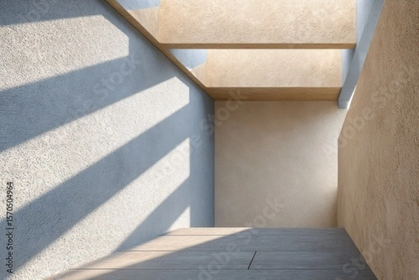 Obraz Subtle bird??a,?a,,?s-eye view of duplex entrance canopy morning sun casting layered diagonal shadows sandy beige pale gray tones