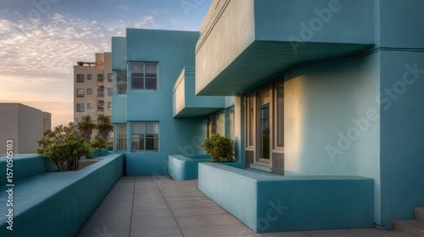 Obraz Teal-trimmed art deco building with soft-cornered corners golden hour light illuminating brushed aluminum textured cement deep ambient shadows