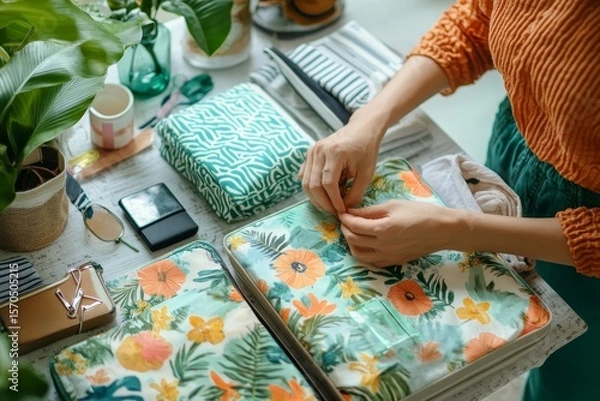 Fototapeta Person preparing clothes and accessories for a summer vacation trip, organizing luggage with care, Generative AI