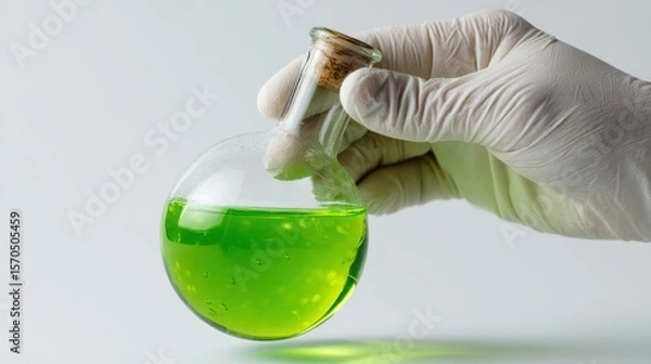 Obraz Close-up of human hand gripping round-bottom flask with green fluorescent liquid inside, clean white background, minimal shadow, plenty of copy space