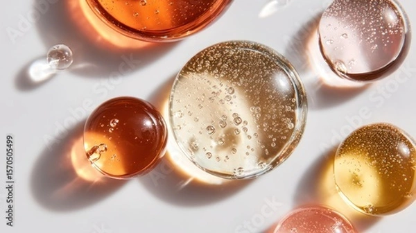 Obraz Collection of clear liquid cosmetic drops, varying viscosity and natural glow, floating on bright white background with elegant minimal aesthetic