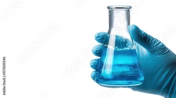 Obraz Scientist hand wearing blue glove holding Erlenmeyer flask filled with bright blue chemical liquid, isolated on white background with clear copy space