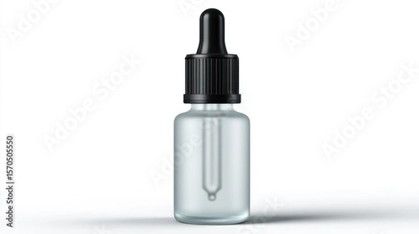 Obraz Realistic mockup of frosted glass cosmetic bottle with black dropper lid, skincare concept, professional presentation on pure white background