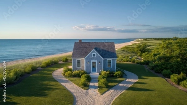 Obraz Top-down drone capture of Cape Cod cottage with symmetrical lawn path late afternoon shadows stretch horizon sand tones