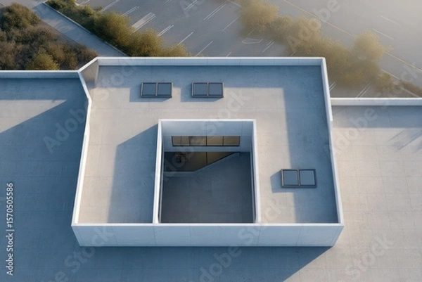Obraz Top-down aerial view of flat-roof duplex with skylights crisp early morning light subtle fog layer gray asphalt concrete