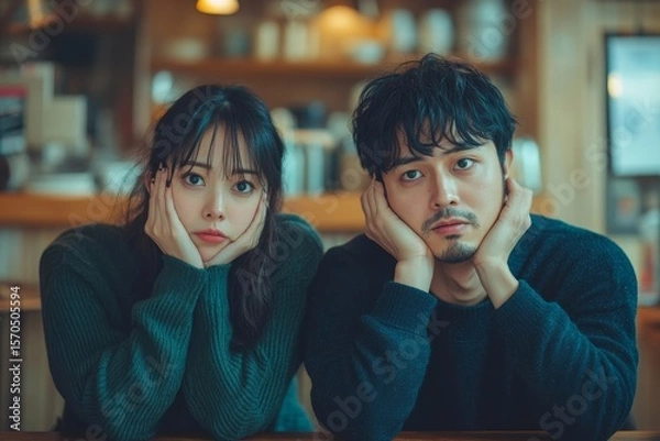 Fototapeta Family problems concept: Asian woman covering her face while sitting apart from her husband, feeling disappointed after an argument, Generative AI