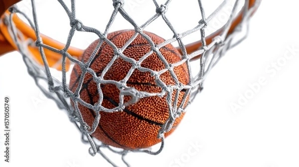 Obraz Dynamic shot of basketball partially inside the net, net stretched with motion tension, vivid orange ball texture, isolated on white background, perfect for sports branding