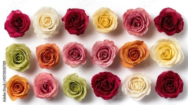 Obraz Flat lay composition of multiple assorted-color roses arranged in a loose pattern, isolated on white background, soft shadows and clean lines, great for seasonal promotions