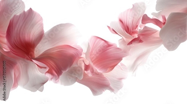 Obraz A graceful swirl of pink petals flying across the frame, semi-transparent textures and soft edges, isolated on seamless white background, elegant and light atmosphere