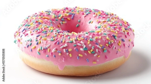 Obraz Fresh pink donut with rainbow sprinkles, lying flat with icing detail visible, isolated on white background, crisp lighting, suitable for sweets packaging or cafe menus
