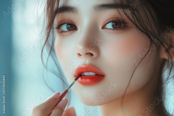 Fototapeta Asian woman applying lipstick during her makeup routine, enhancing her features with precision, Generative AI