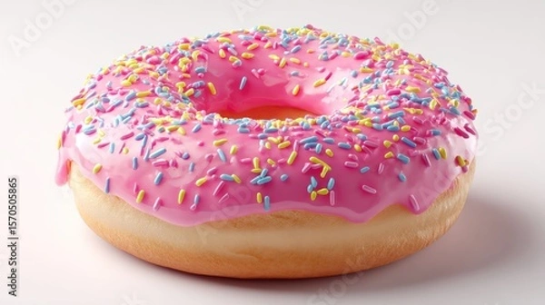 Obraz Bright pink frosted donut topped with colorful sprinkles, centered on a clean white background, soft shadows and high-resolution detail, perfect for dessert advertising