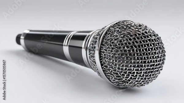 Obraz Classic dynamic microphone angled slightly to the left, isolated on a clean white background, professional studio lighting, high detail with metallic texture and soft shadows
