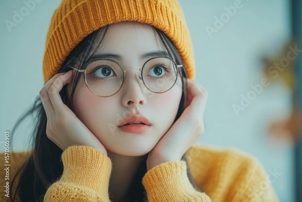 Fototapeta Stressed young Asian woman trying to manage her finances, particularly credit card debt, through calculation and planning, Generative AI