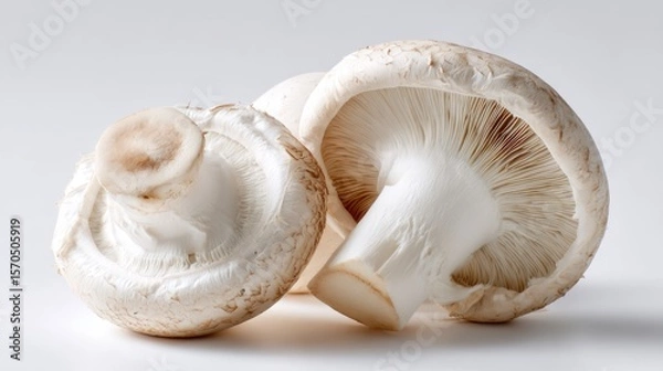 Obraz Close-up of two fresh white mushrooms, one sliced vertically showing interior detail, isolated on pure white background, crisp lighting, perfect for healthy food visuals