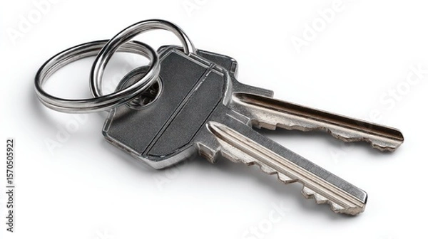 Obraz Close-up of modern house keys on a metal keyring, realistic shadow, isolated on clean white background, high-resolution image ideal for real estate and rental promotions