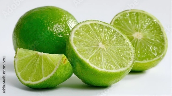 Obraz Close-up of vibrant green lime showing one whole, one halved, and two slices, sharp citrus details, isolated on seamless white background, natural lighting