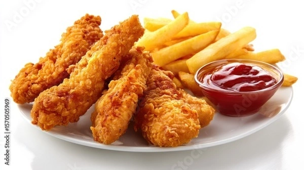 Obraz Crispy golden fried chicken tenders served with thick-cut French fries and a small cup of ketchup, arranged neatly on white background, perfect for fast food ads or menus