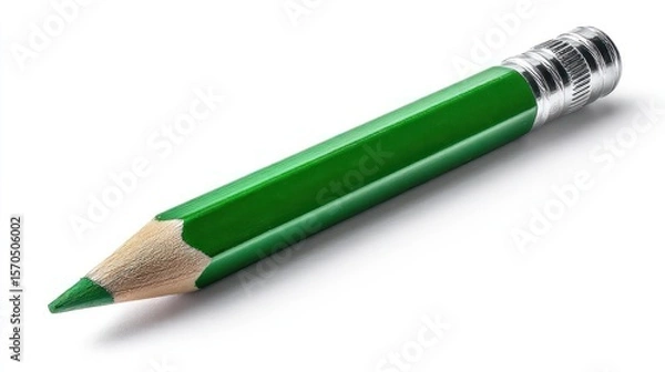 Obraz Green pencil with metallic silver eraser, isolated on clean white background, realistic shadow, high-resolution product photo, sharp focus, professional lighting setup