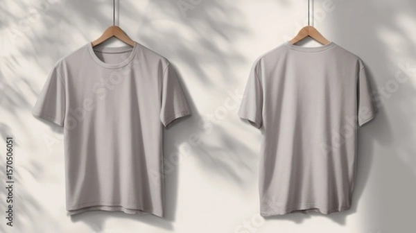 Obraz Minimalist grey unisex T-shirt mockup, both front and back shown with natural drape and stitching detail, soft shadows, clean isolation on white background