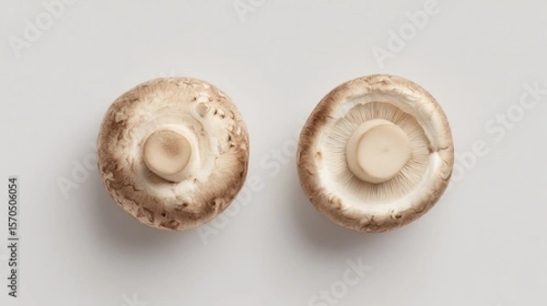 Obraz Minimalist top-down view of one whole and one halved button mushroom, clean white background, soft studio lighting, detailed organic texture, culinary concept