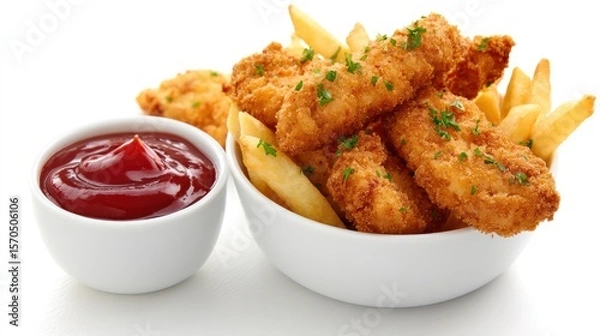 Obraz Plated crispy chicken tenders and fries with glossy ketchup in a ramekin, garnished lightly with herbs, clean isolation on white background, ideal for food blogs or branding