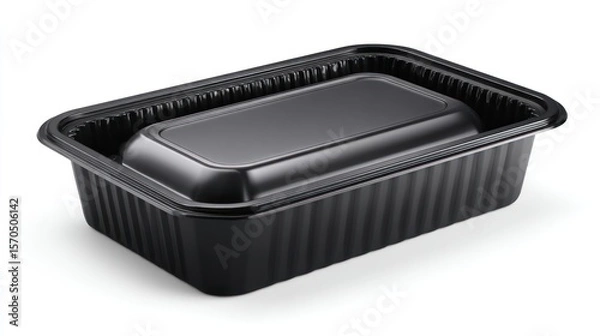 Obraz Realistic black plastic food tray with textured lid, shallow depth, centered composition on white background, suitable for ready-to-eat meal packaging or frozen food marketing