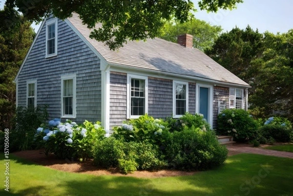 Obraz Traditional Cape Cod dwelling with blue-gray shingles white trim illuminated by midday sun casting sharp shadows enhancing the