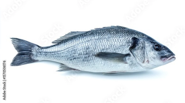 Obraz Side view of raw sea bass fish, silver-gray color with subtle blue hues, sharp detail of texture and natural shadow, isolated on white, suitable for menu or packaging