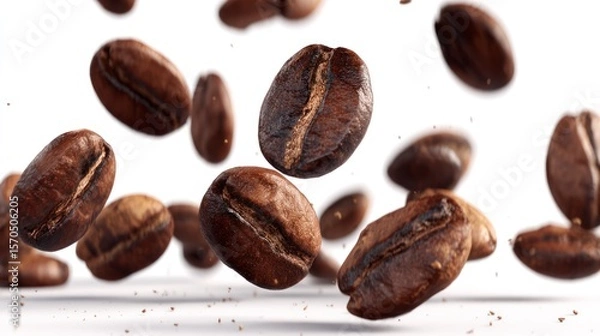 Obraz Slow motion concept of coffee beans falling and scattering, sharp details on surface with subtle shadow effects, realistic lighting, isolated on white background