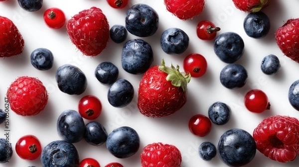 Obraz Top-down view of mixed fresh berries scattered naturally, isolated on seamless white backdrop, vibrant red and blue hues, perfect for health food promotions