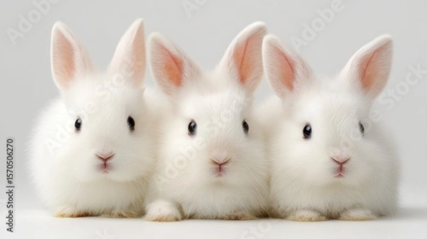 Obraz Trio of small white rabbits arranged in a row, symmetrical composition, fluffy and bright-eyed, isolated on bright white backdrop, perfect for pet or spring-themed content
