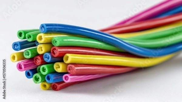 Obraz Bundle of modern insulated electrical cables in vibrant colors, partially untangled and spread out flat, isolated on bright white background, space for branding or technical specs