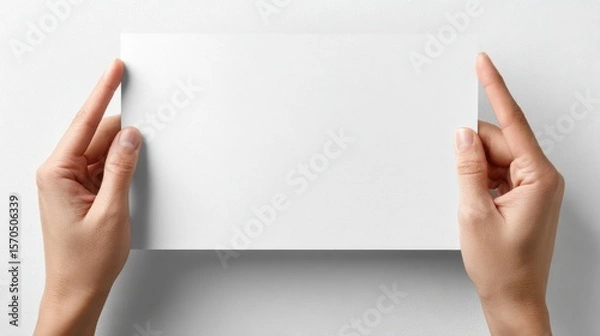 Obraz Both hands gently holding a white rectangular sheet from the bottom, clear empty space in the center, realistic lighting and texture, isolated on white background