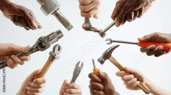 Obraz Close-up of several hands reaching in from sides, each holding a unique DIY tool, perfect for team collaboration concept, isolated on pure white background with space for branding