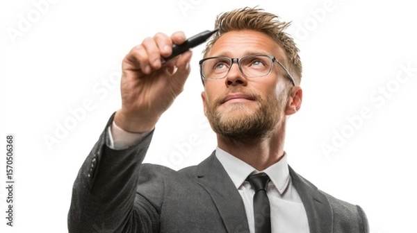 Obraz Confident businessman in formal suit writing with black marker in the air, as if on transparent screen, focused expression, isolated on white background, perfect for corporate strategy visuals
