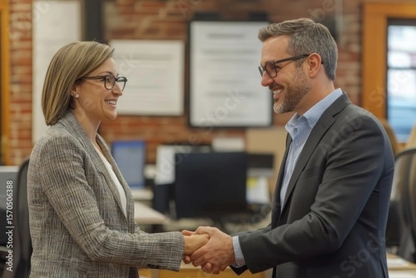 Fototapeta Business deal success: Business professionals shaking hands in the office after finalizing the contract, Generative AI