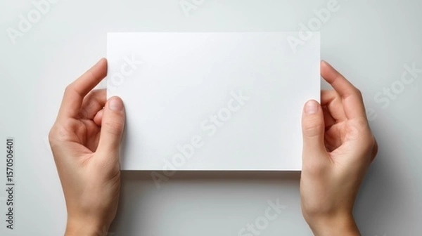 Obraz Top view of two hands holding a white paper horizontally, fingers slightly curled around the edges, blank surface for design, fully isolated on white background