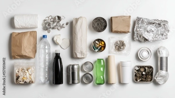 Obraz Flat lay of various trash materials categorized into plastic, metal, paper, and organic, neatly displayed with empty space on side, isolated on white background for recycling campaigns