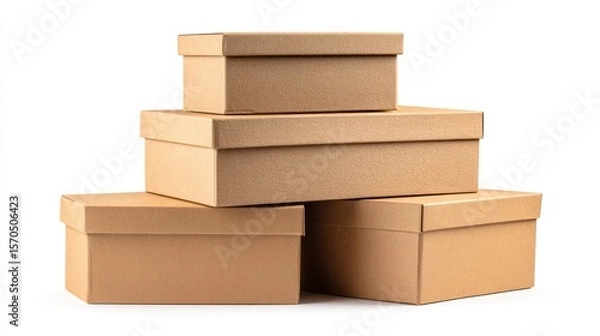 Obraz Four closed cardboard boxes stacked neatly in two layers, ready for moving, top-down perspective with large copy space, isolated on clean white background