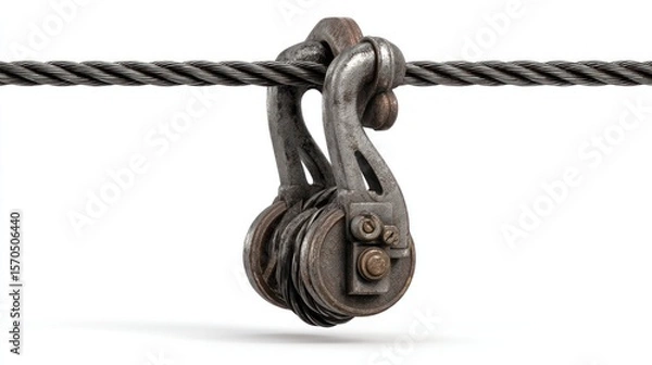 Obraz Heavy-duty metal crane hook hanging from thick steel cable, realistic texture and shadows, detailed pulley mechanism, isolated on clean white background with copy space