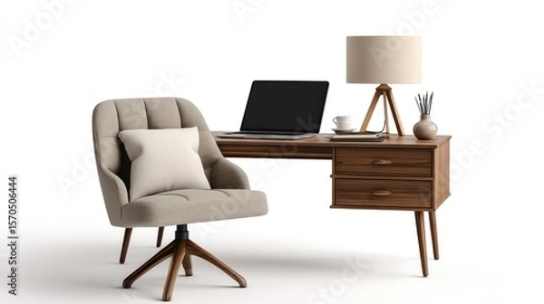 Obraz Home office setup with laptop, mid-century modern desk lamp, cushioned swivel chair, and neutral-tone furniture, fully isolated on white background for lifestyle or remote work content