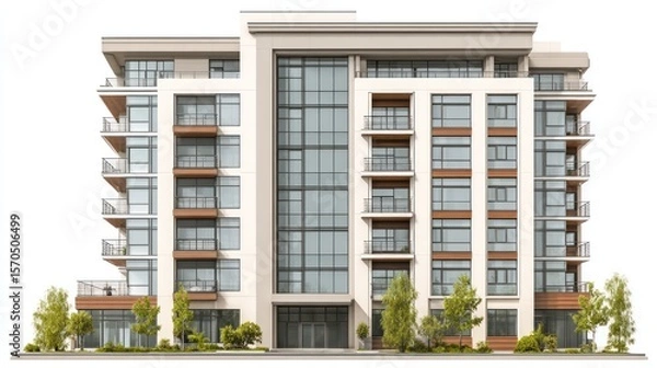 Obraz Modern apartment building with clean lines, large glass windows and neutral-colored facade, multiple balconies, front view isolated on white background, perfect for real estate ads