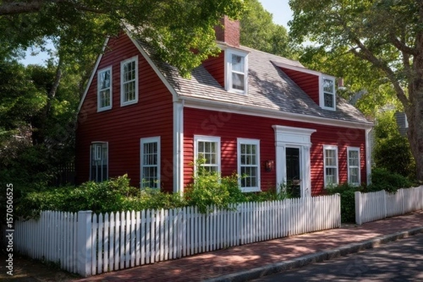 Obraz Traditional Cape Cod dwelling with red clapboard siding white trim illuminated by midday sun creating sharp shadows enhancing
