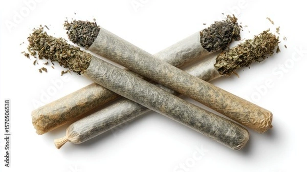 Obraz Top-down view of four cannabis joints arranged in an X shape, visible details of rolling paper and compacted filling, isolated on white background for lifestyle or medical content