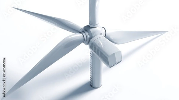 Obraz Side view of industrial wind turbine with aerodynamic blades and metal tower, realistic lighting and shadow, isolated on white background, ideal for renewable energy visuals