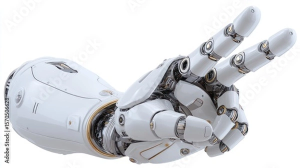 Obraz Side view of white robotic hand making a peace sign, smooth futuristic surface and articulated fingers, isolated on white background, perfect for innovation or digital ethics visuals