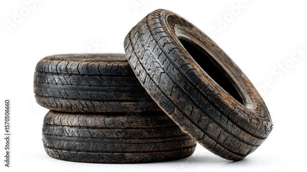 Obraz Three used vehicle tires stacked on top of each other, showing signs of use and age, close-up texture detail, isolated on bright white background with room for branding
