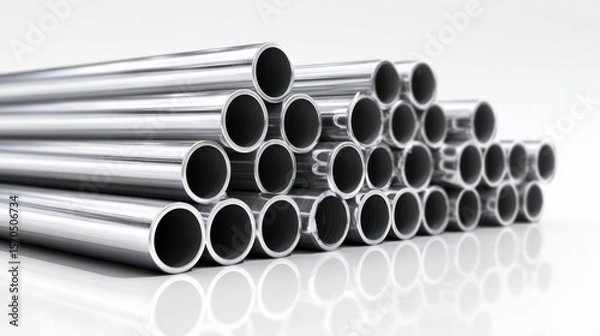 Obraz Top-down view of stacked PVC and metal pipes in mixed sizes, aligned neatly with detailed reflections, isolated on pure white background with room for text or infographic