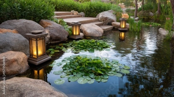Obraz Tranquil koi pond with floating lily pads brushed bronze lanterns side-lit with golden hour rays shallow water reflections